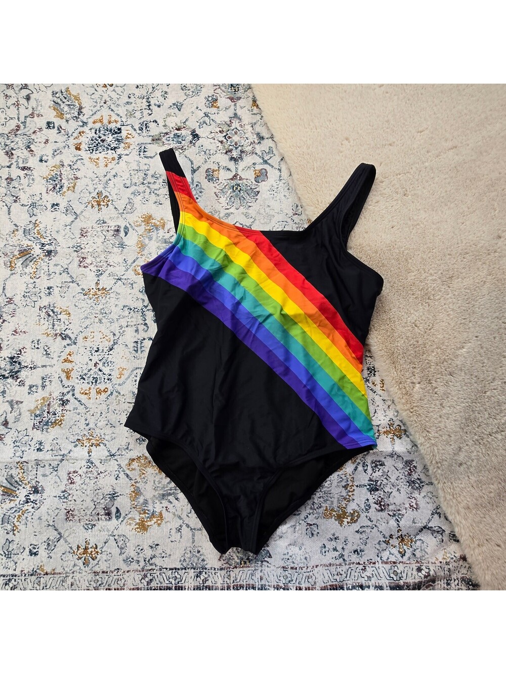 Unique Vintage Plus SIze Black Rainbow Huntington Swimsuit One Piece 1X
